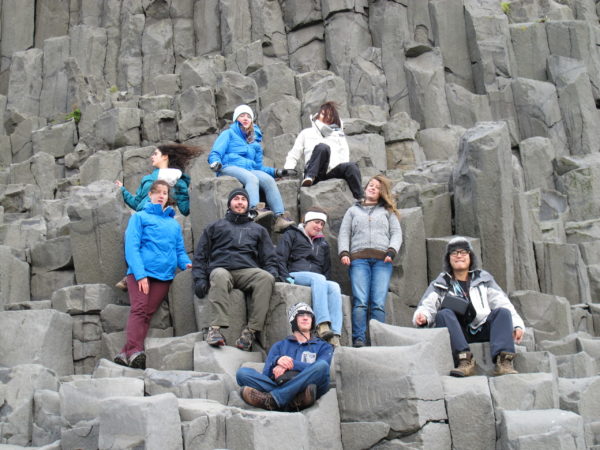 Students on study abroad program in sustainability experiencing geology in south iceland
