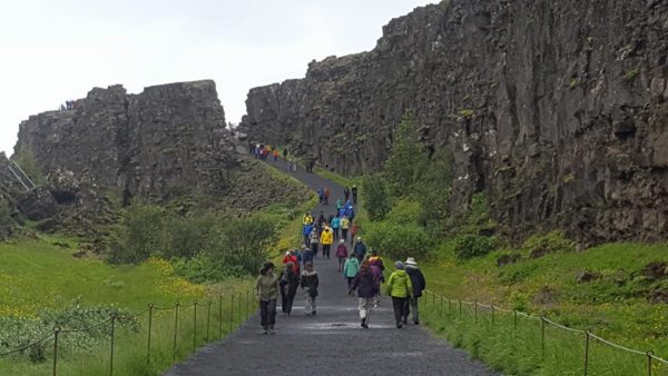 Students on study abroad program learning about geology at Þingvellir national park in south iceland